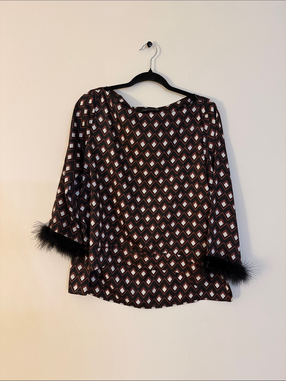 Zara Woman Geometric Print Top with Feather-Trim Cuffs — Size Small
